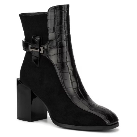 NEW Torgeis Fontaine Black Croc-Embossed  Block Heel Ankle Boots w/ Buckle Sz 8 - Picture 2 of 15